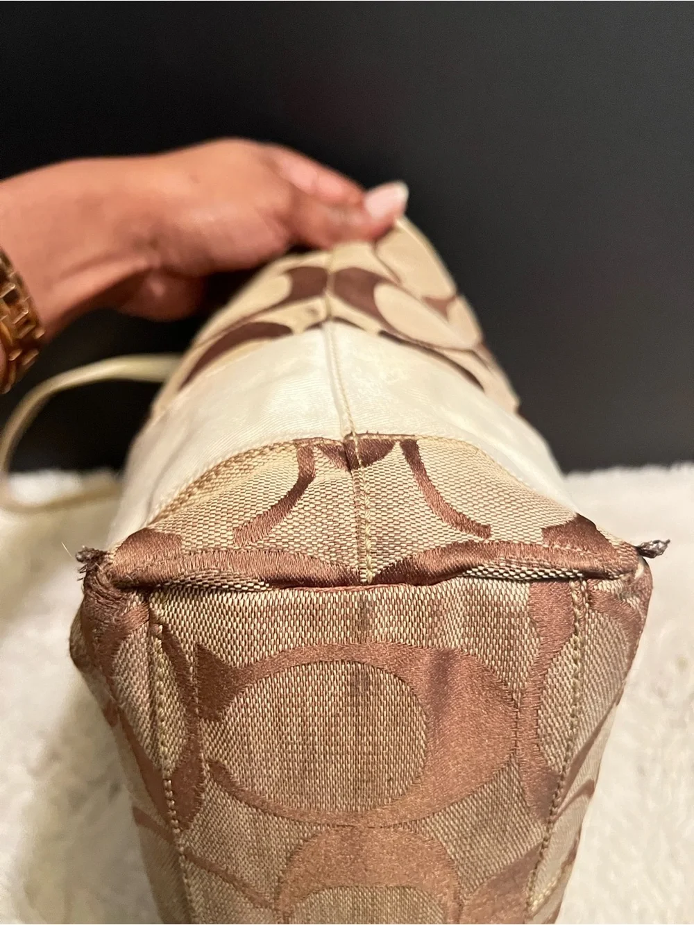Vintage Coach y2k Two-Tone Signature Stripe Canvas Tote in Brown and Cream